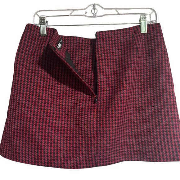 Zara Houndstooth Mini Skirt Red & Black Pattern L Size Made In Turkey - Picture 3 of 5